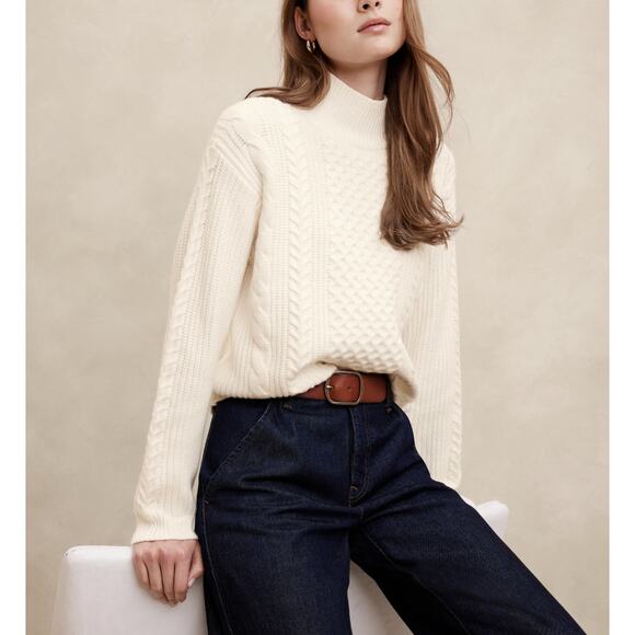 Banana Republic Cream Winter White Cable Knit Sweater Mock Neck preppy fisherman - Picture 1 of 11